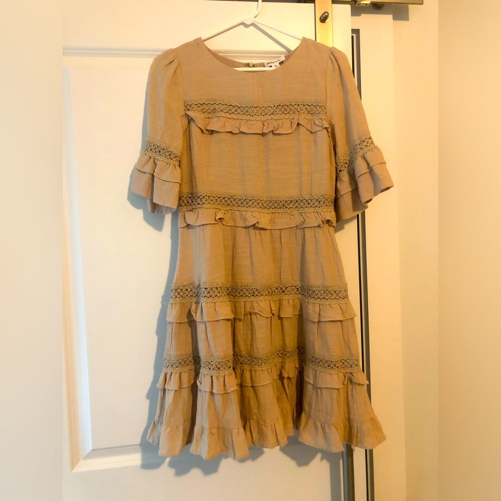 Tan Ruffle Dress with Lace Details
